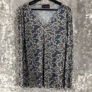 Rebel Raven Size Large Camo Rhinestone Mesh V-Neck Top Multicolor Long Sleeve